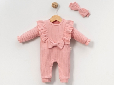 Toptan CAYZEN Kurdele Detaylı Şardonlu Kız Bebe Tulum PEMBE - Beniz Bebe