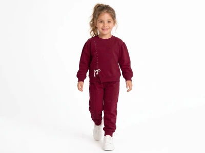 Toptan FEELY KİDS Kurdeleli Taş Detaylı Kız Takım  BORDO - Beniz Bebe