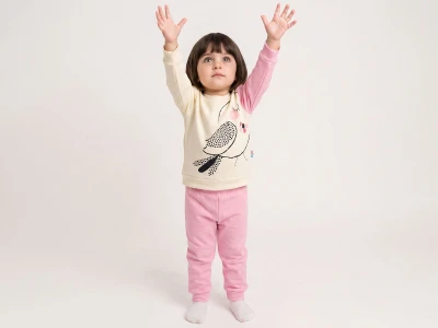 Toptan KARACON Kuş Baskılı Taş Detaylı Kız Takım  - Toptan Çocuk Giyim Beniz Kids