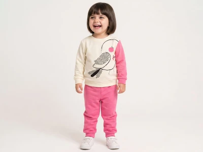 Toptan KARACON Kuş Baskılı Taş Detaylı Kız Takım  PEMBE - Beniz Bebe