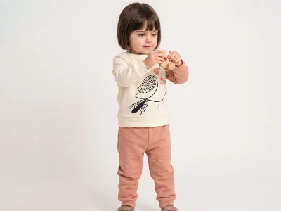 Toptan KARACON Kuş Baskılı Taş Detaylı Kız Takım  KAHVERENGİ - Beniz Bebe