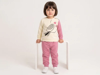 Toptan KARACON Kuş Baskılı Taş Detaylı Kız Takım  GÜLKURUSU - Beniz Bebe