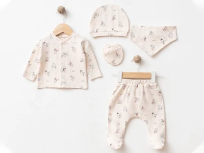 Kuş Desenli Erkek Bebe Hastane Çıkışı Beşli Set 