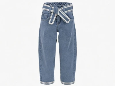 Toptan SERCİNO Kuşaklı Çizgi Detaylı Baggy Kız Kot Pantolon  - Toptan Çocuk Giyim Beniz Kids