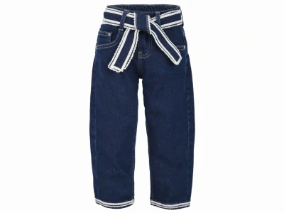 Toptan SERCİNO Kuşaklı Çizgi Detaylı Baggy Kız Kot Pantolon  LACİVERT - Beniz Bebe
