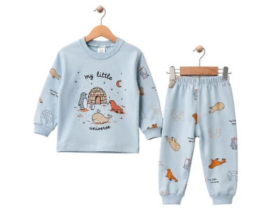 Toptan SÜPERMİNİ Kutup Detay Pijama Takımı BLUE - Beniz Bebe
