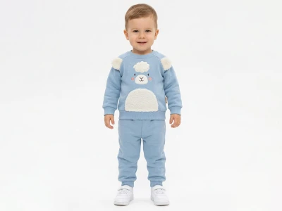 Toptan VOVİDO Kuzu Nakışlı Şardonlu 3 İp Erkek Bebek Takım - Toptan Çocuk Giyim Beniz Kids
