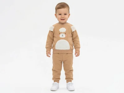 Toptan VOVİDO Kuzu Nakışlı Şardonlu 3 İp Erkek Bebek Takım KAHVERENGİ - Beniz Bebe