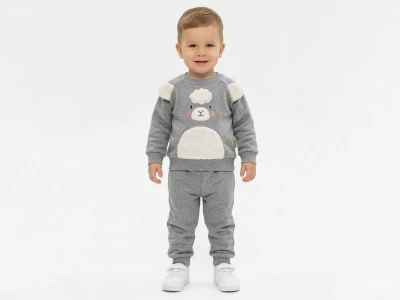 Toptan VOVİDO Kuzu Nakışlı Şardonlu 3 İp Erkek Bebek Takım GRİ - Beniz Bebe