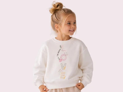 Toptan ROYA KİDS Love Baskılı 3 İp Şardonlu Kız Sweat Белый - Beniz Bebe