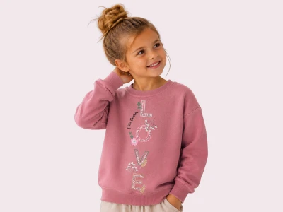 Toptan ROYA KİDS Love Baskılı 3 İp Şardonlu Kız Sweat Сушеная роза - Beniz Bebe