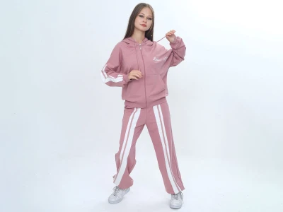 Toptan VIZVIZ Ladies Baskılı Cepli Fermuarlı Kız Takım  GÜLKURUSU - Beniz Bebe