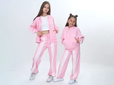 Toptan VIZVIZ Ladies Baskılı Cepli Fermuarlı Kız Takım  PEMBE - Beniz Bebe