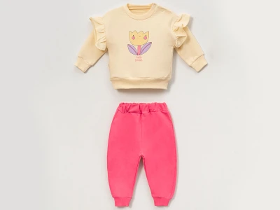 Toptan VOVİDO Lale Baskılı Kız Bebe Takım KREM - Beniz Bebe
