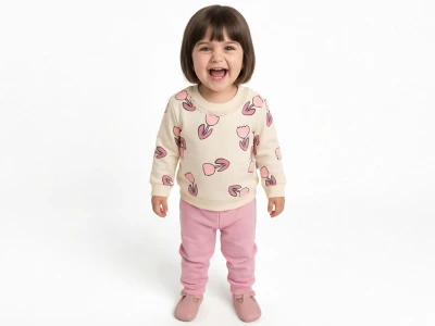 Toptan KARACON Lale Desenli Kız Takım  PUDRA - Beniz Bebe