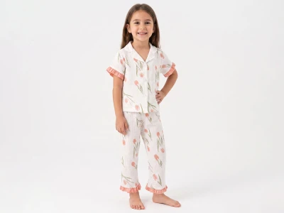 Lale Desenli Yakalı Düğmeli Müslin Kız Pijama Takım