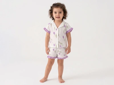 Lale Desenli Yakalı Düğmeli Müslin Kız Pijama Takım