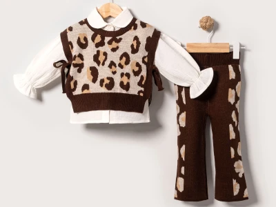 Toptan EYMUS Leopar Desenli 3'lü Kız Bebek Takım KAHVERENGİ - Beniz Bebe