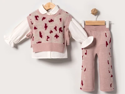 Toptan EYMUS Leopar Desenli 3'lü Kız Bebek Takım PEMBE - Beniz Bebe