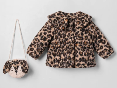 Toptan COCOSİSS Leopar Desenli Çantalı Peluş Kız Bebek Mont Dark Coffee - Beniz Bebe