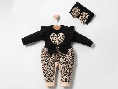 Leopar Desenli Kalp Nakışlı Saç Bantlı Kız Bebe Tulum