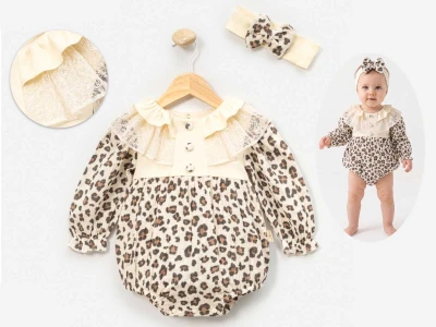 Leopar Desenli Kız Bebe Romper 