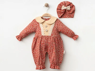 Leopar Desenli Boneli Kız Bebe Tulum