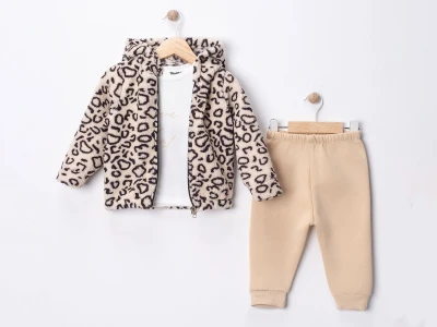 Toptan MİNİTİX Leopar Desenli Şardonlu 3 İp Kız Bebek Takım BEJ - Beniz Bebe