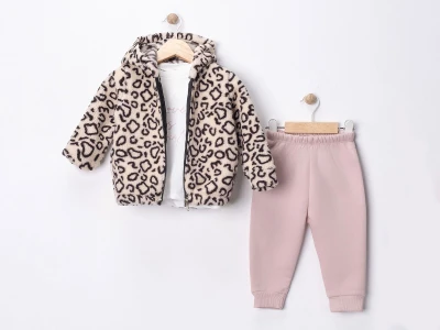 Toptan MİNİTİX Leopar Desenli Şardonlu 3 İp Kız Bebek Takım PEMBE - Beniz Bebe