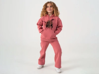 Toptan LUMİİ Leopar Desenli Taş Detaylı Cepli 3 İp Şardonlu Kız Takım  - Toptan Çocuk Giyim Beniz Kids