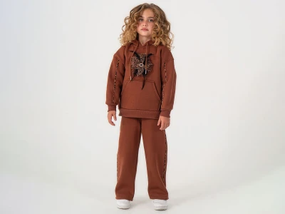 Toptan LUMİİ Leopar Desenli Taş Detaylı Cepli 3 İp Şardonlu Kız Takım  - Toptan Çocuk Giyim Beniz Kids