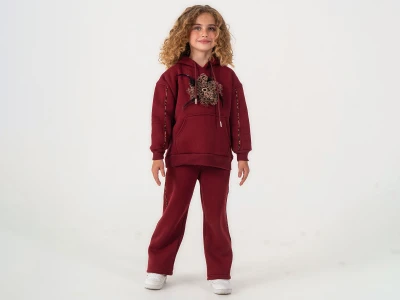 Toptan LUMİİ Leopar Desenli Taş Detaylı Cepli 3 İp Şardonlu Kız Takım  BORDO - Beniz Bebe