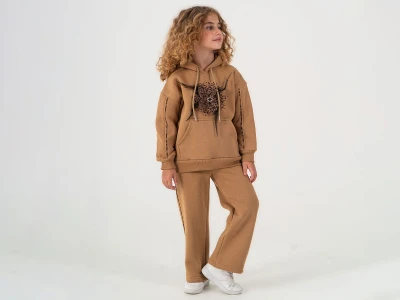 Toptan LUMİİ Leopar Desenli Taş Detaylı Cepli 3 İp Şardonlu Kız Takım  KAHVERENGİ - Beniz Bebe