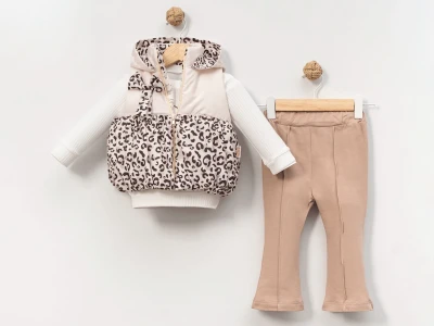 Toptan PONY BEBE Leopar Desenli Üçlü Kız Takım - Toptan Çocuk Giyim Beniz Kids