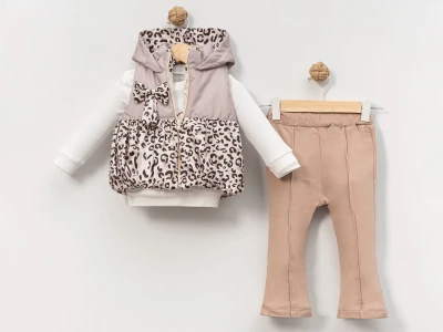 Toptan PONY BEBE Leopar Desenli Üçlü Kız Takım Model-2 - Beniz Bebe