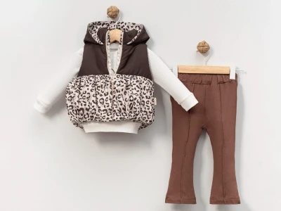 Toptan PONY BEBE Leopar Desenli Üçlü Kız Takım Model-3 - Beniz Bebe