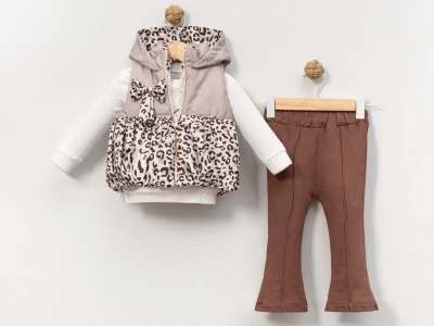 Toptan PONY BEBE Leopar Desenli Üçlü Kız Takım Model-4 - Beniz Bebe