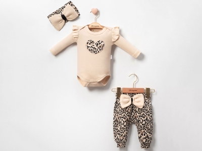 Leopar Kalp Desenli Üçlü Kız Bebe Takım