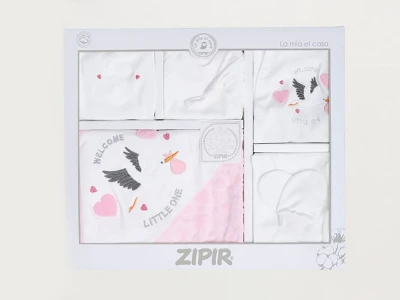Toptan ZIPIR Leylek Nakışlı Kız Bebe 10lu Hastane Çıkış Set Pink - Beniz Bebe