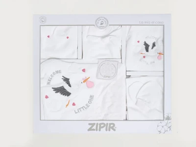 Toptan ZIPIR Leylek Nakışlı Kız Bebe 10lu Hastane Çıkış Set White - Beniz Bebe