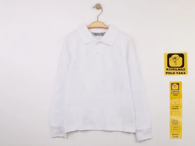 Lise Boy Beyaz Renk Kıvrılmaz Polo Yaka Okul Lakos Sweat