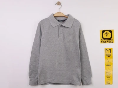 Toptan NZY Lise Boy Gri Renk Kıvrılmaz Yaka Okul Polo Yaka Lakos Sweat - Toptan Çocuk Giyim Beniz Kids