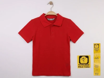 Toptan NZY Lise Boy Kırmızı Renk Kıvrılmaz Yaka Okul Polo Yaka Lakos Tişört - Toptan Çocuk Giyim Beniz Kids