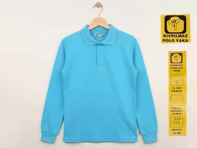 Toptan NZY Lise Boy Turkuaz Renk Kıvrılmaz Yaka Okul Polo Yaka Lakos Sweat - Toptan Çocuk Giyim Beniz Kids
