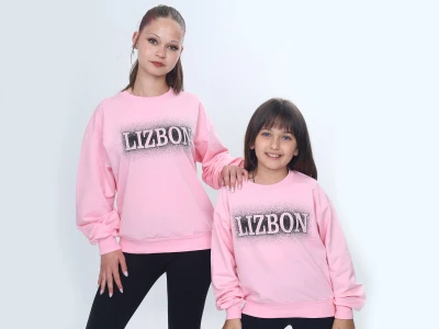 Toptan VIZVIZ Lizbon Baskılı 2 İp Kız Sweat  PEMBE - Beniz Bebe