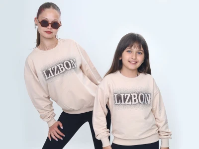 Toptan VIZVIZ Lizbon Baskılı 2 İp Kız Sweat  BEJ - Beniz Bebe