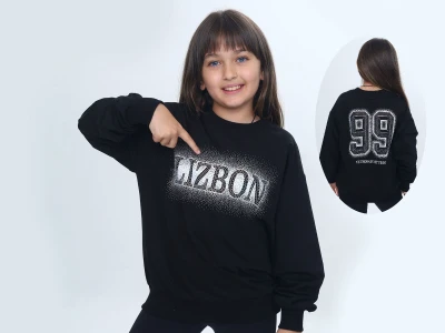 Toptan VIZVIZ Lizbon Baskılı 2 İp Kız Sweat  SİYAH - Beniz Bebe