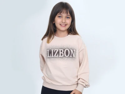 Toptan VIZVIZ Lizbon Baskılı 2 İp Kız Sweat  BEJ - Beniz Bebe