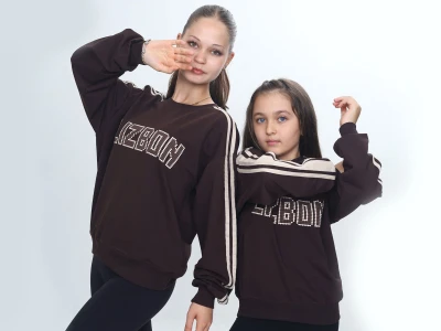 Toptan VIZVIZ Lizbon Baskılı 2 İp Kız Sweat KOYUKAHVE - Beniz Bebe