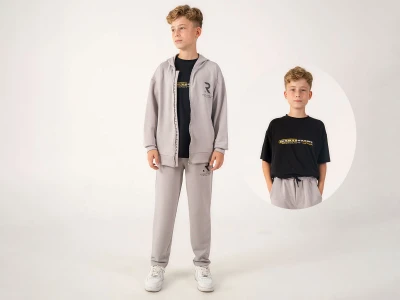 Toptan RUHAT KİDS Lore Baskılı Kapşonlu Hırkalı Oysho Üçlü Erkek Takım - Toptan Çocuk Giyim Beniz Kids
